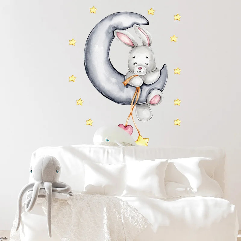 Cartoon Grey Baby Elephant Moon Gold Stars Wall Stickers for Kids Room Decor Nurserry Wall Decals Girl Boy Room Decorative-HomeDecorDecals_com