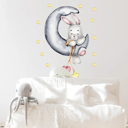 Cartoon Grey Baby Elephant Moon Gold Stars Wall Stickers for Kids Room Decor Nurserry Wall Decals Girl Boy Room Decorative-HomeDecorDecals_com