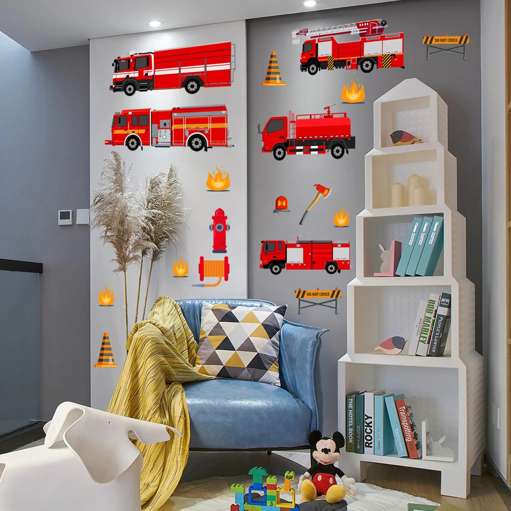 Cartoon Fire Truck Wall Decor Decals Kids Room Playroom Bedroom Firetruck Poster Mural Wall Stickers Kids Room Nursery Decor-HomeDecorDecals_com