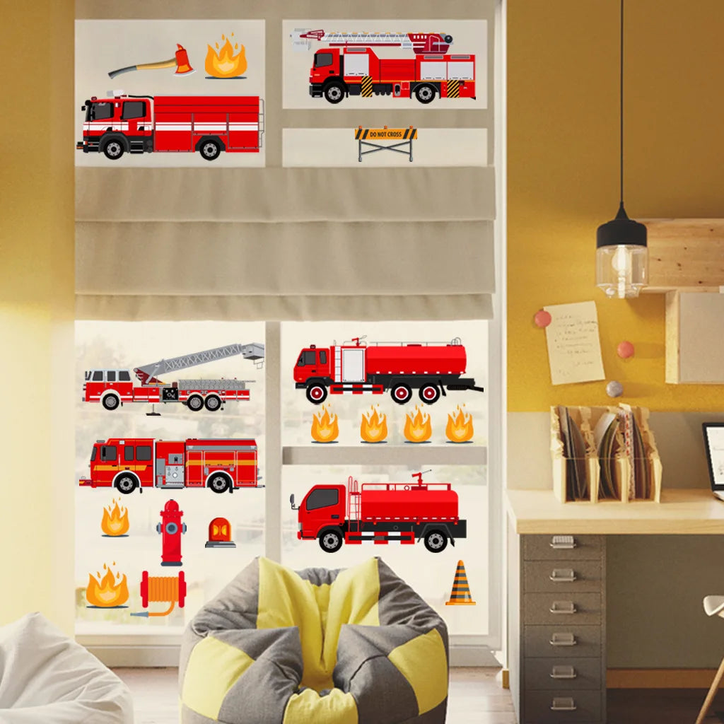 Cartoon Fire Truck Wall Decor Decals Kids Room Playroom Bedroom Firetruck Poster Mural Wall Stickers Kids Room Nursery Decor-HomeDecorDecals_com