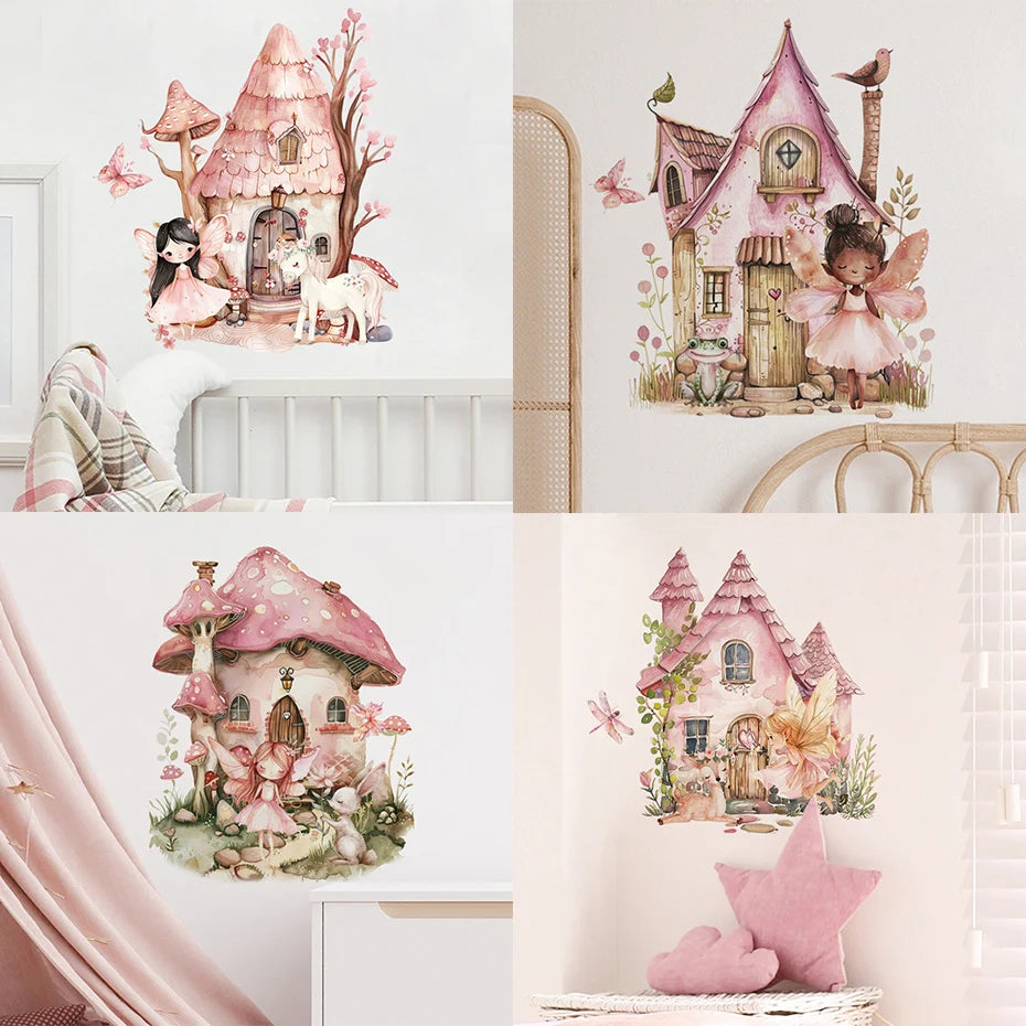 Cartoon Cute Fairy Mushroom House Plant Wall Sticker Flower Elves Wall Decals for Kids Room Baby Girl Nursery Room Bedroom Decor-HomeDecorDecals_com