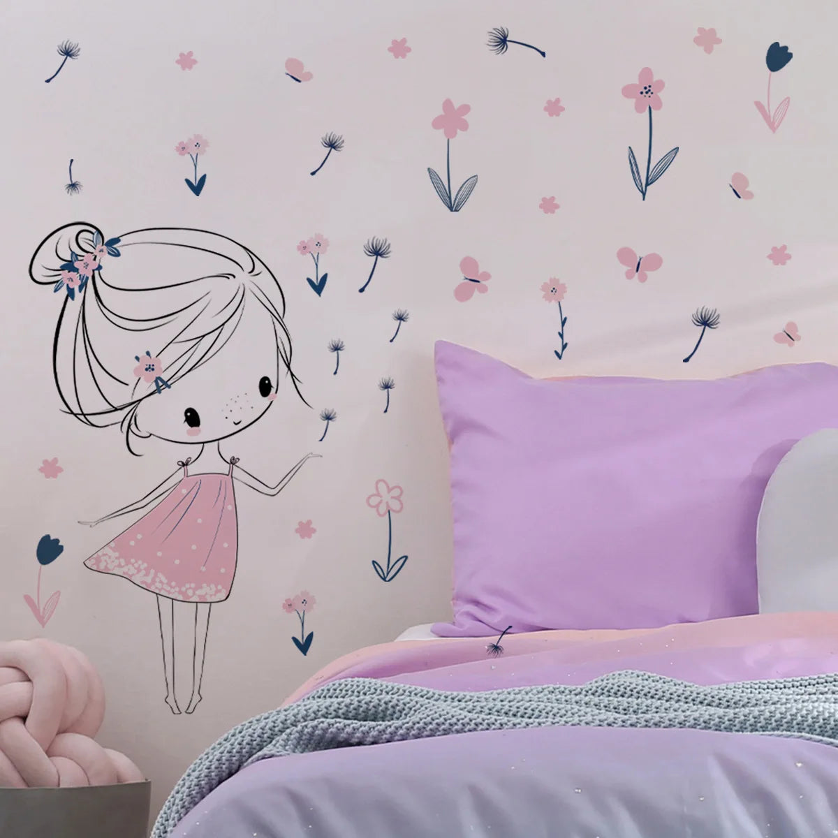 Cartoon girl dandelion Wall Stickers Creative Home Wall Decor Self-adhesive Kids Room Decoration Bedroom Background Wall Decor-HomeDecorDecals_com