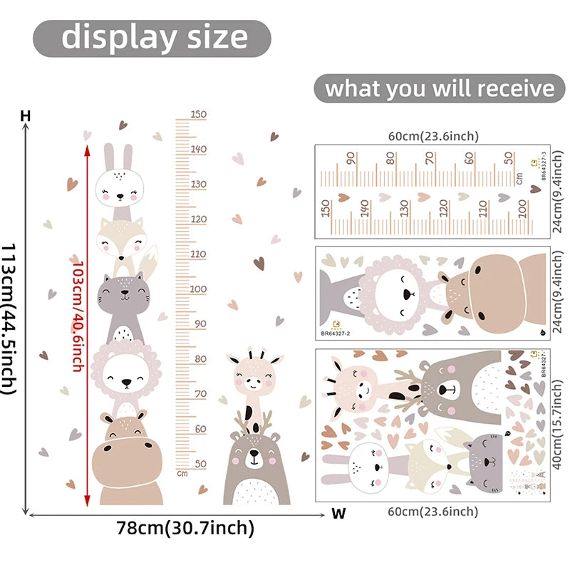 Cartoon Smile Animals Bear Lion Deer Hippo Stars Height Ruller Wall Stickers for Kids Room Boy Girl Room Nursery Wall Decals pvc-HomeDecorDecals_com