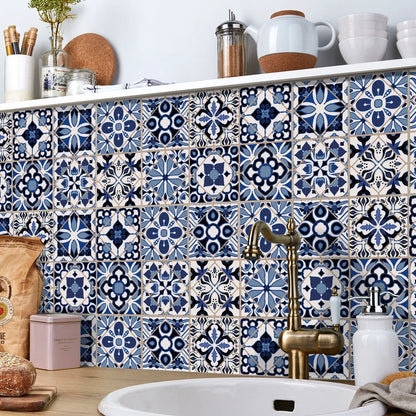Close-up view of Blue Retro Pattern Self-Adhesive PVC Tile Stickers | Home Decor by HomeDecorDecals.