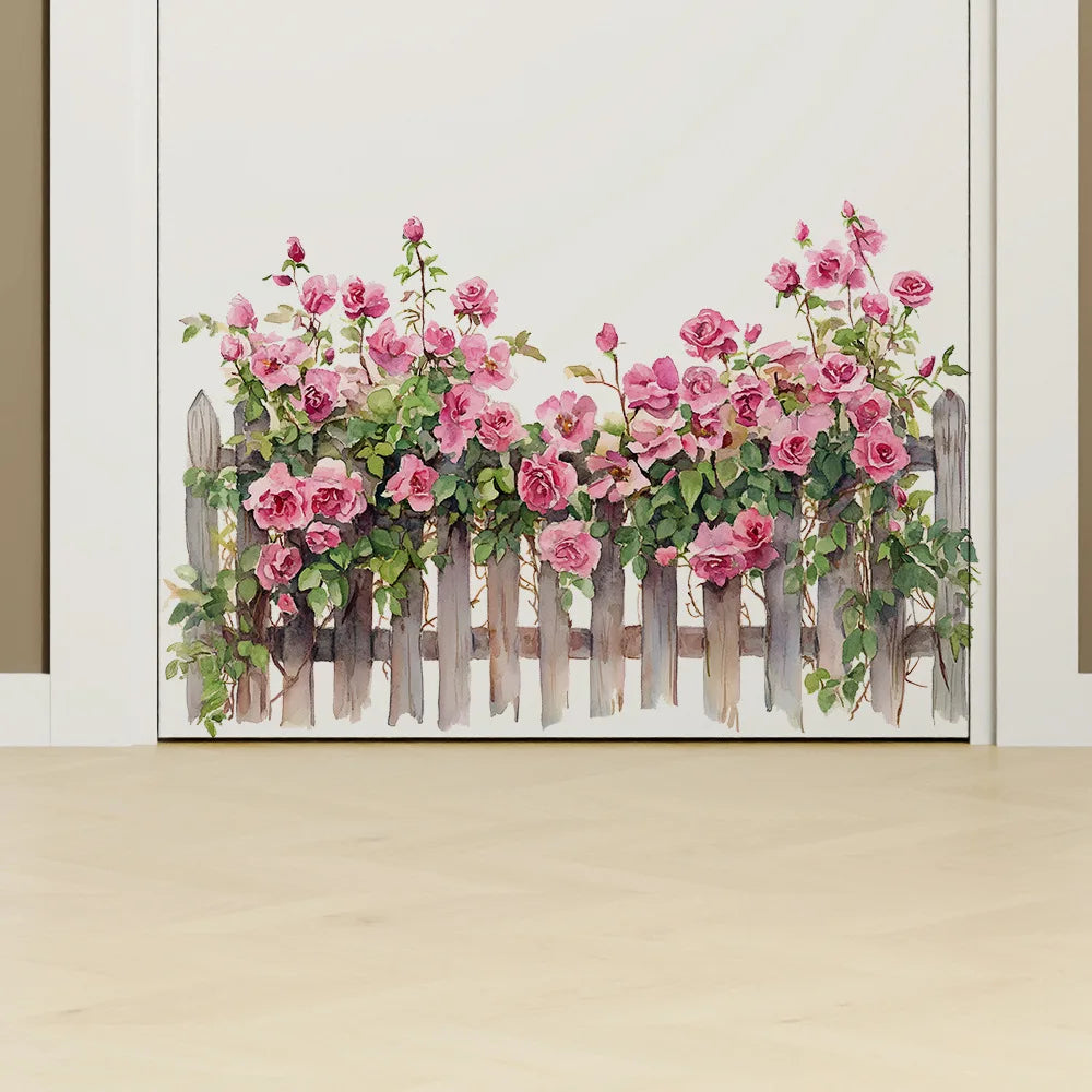 Pink Rose Fence Flowers Wall Decal | Home Decor displayed in room decor by HomeDecorDecals.