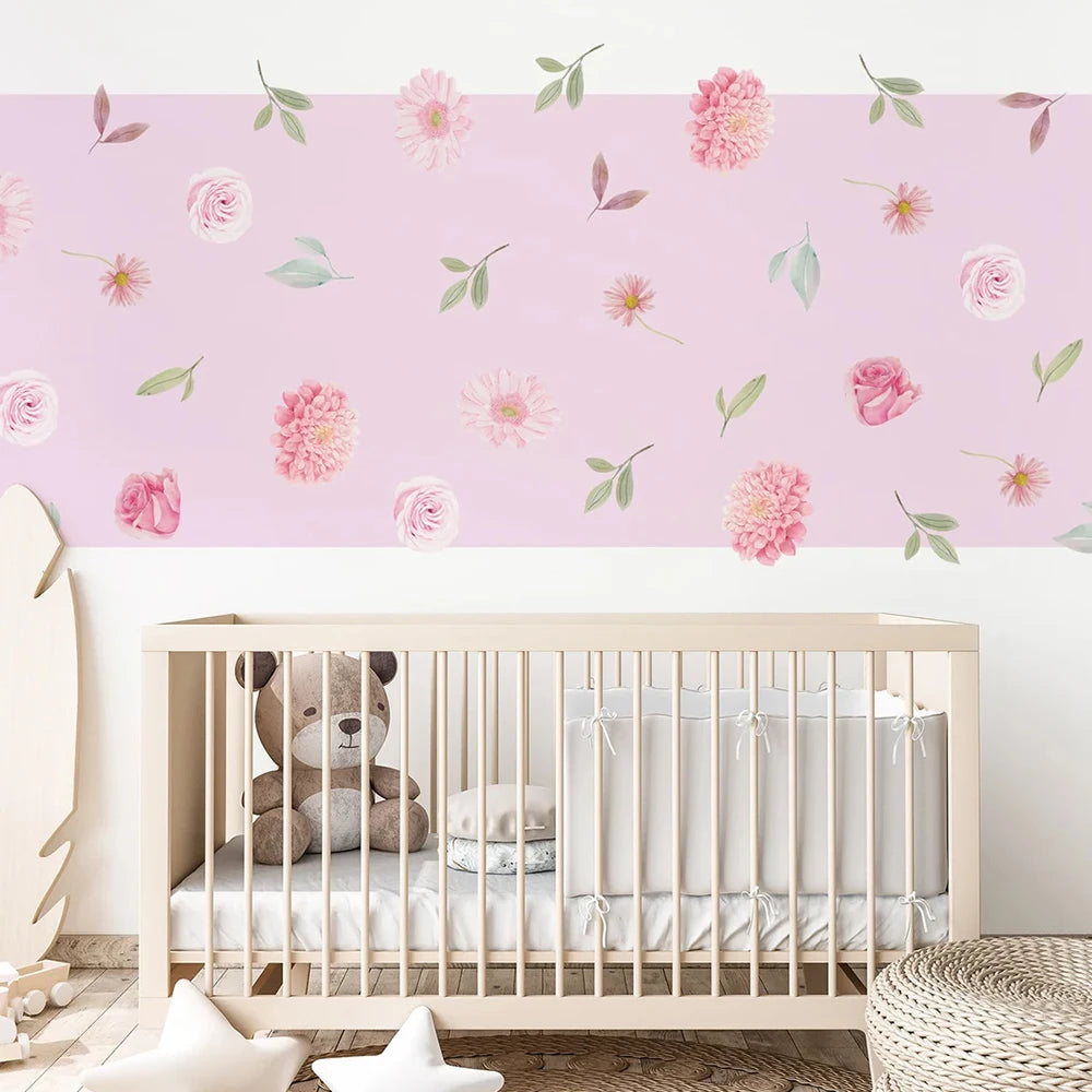 Close-up view of Boho Pink Floral Botanical Wall Decal | Home Decor by HomeDecorDecals.