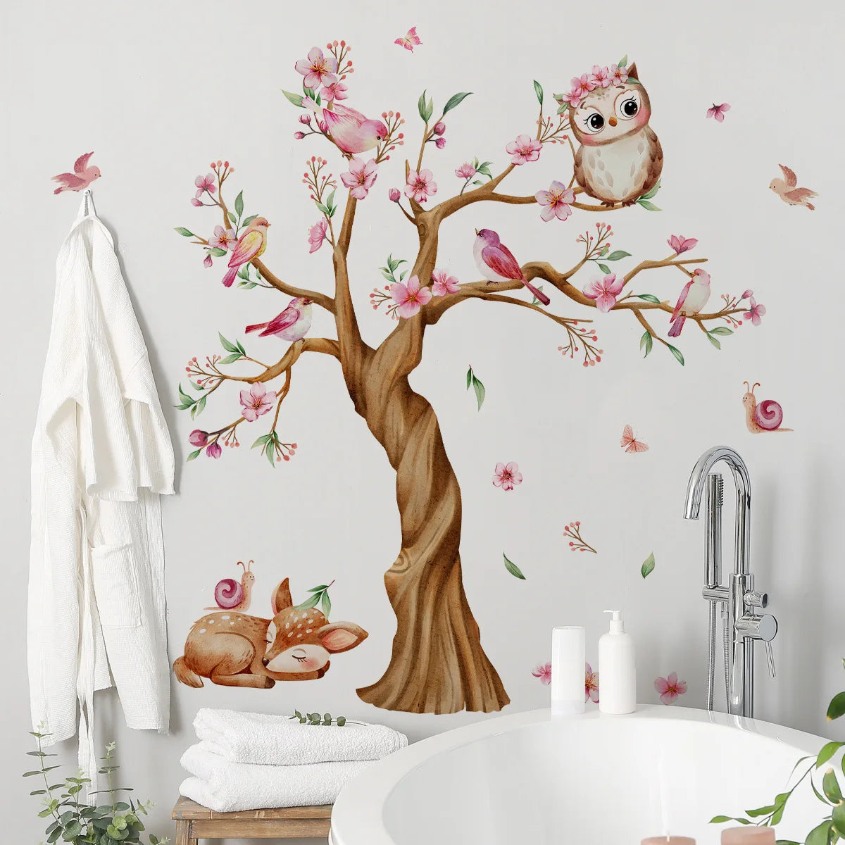 Pink Tree Branches Birds Butterflies Elf Girls Meet Wall Stickers Bedroom Children's Room Home Wall Decoration Self-adhesive-HomeDecorDecals_com