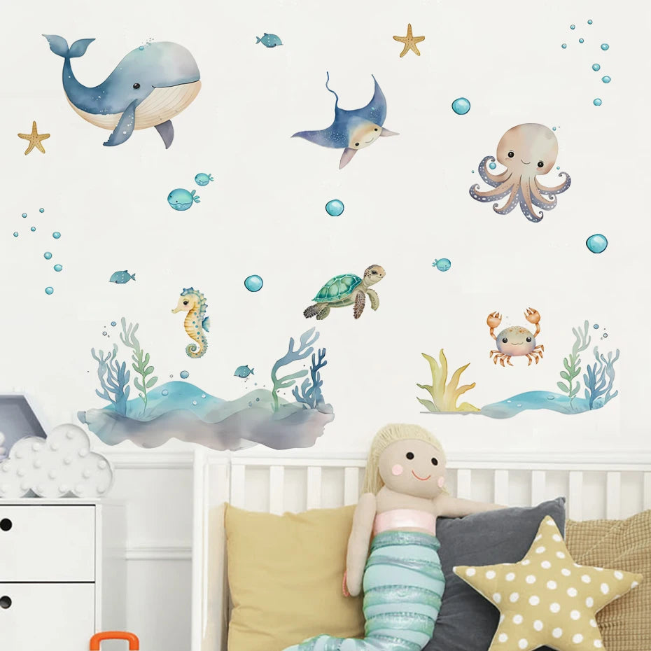 Watercolour Cartoon Cute Marine Animals Wall Decal | Home Decor decorative wall feature by HomeDecorDecals.