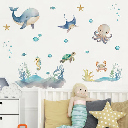 Watercolour Cartoon Cute Marine Animals Wall Decal | Home Decor decorative wall feature by HomeDecorDecals.