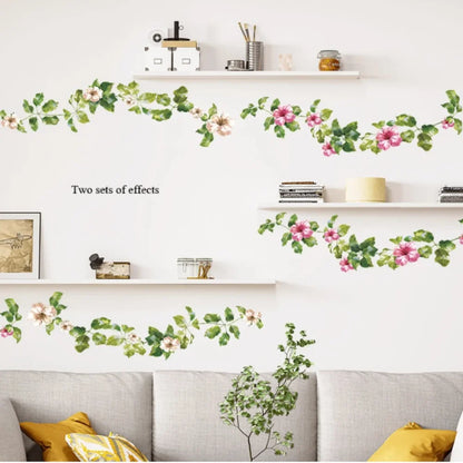 Green Leaf Pink Flower Vine Wall Decal | Home Decor by HomeDecorDecals.