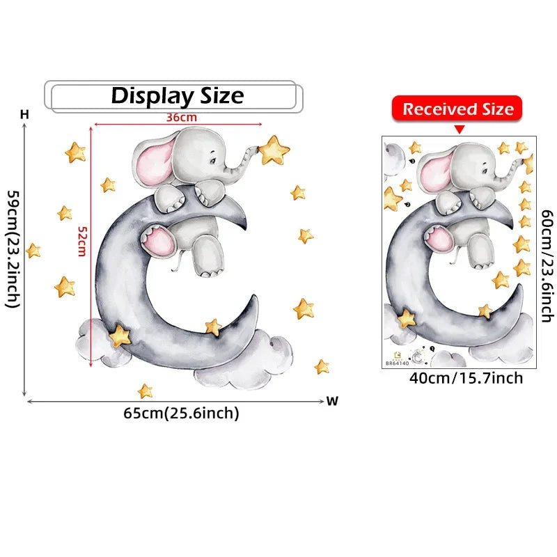Cartoon Grey Baby Elephant Moon Gold Stars Wall Stickers for Kids Room Decor Nurserry Wall Decals Girl Boy Room Decorative-HomeDecorDecals_com