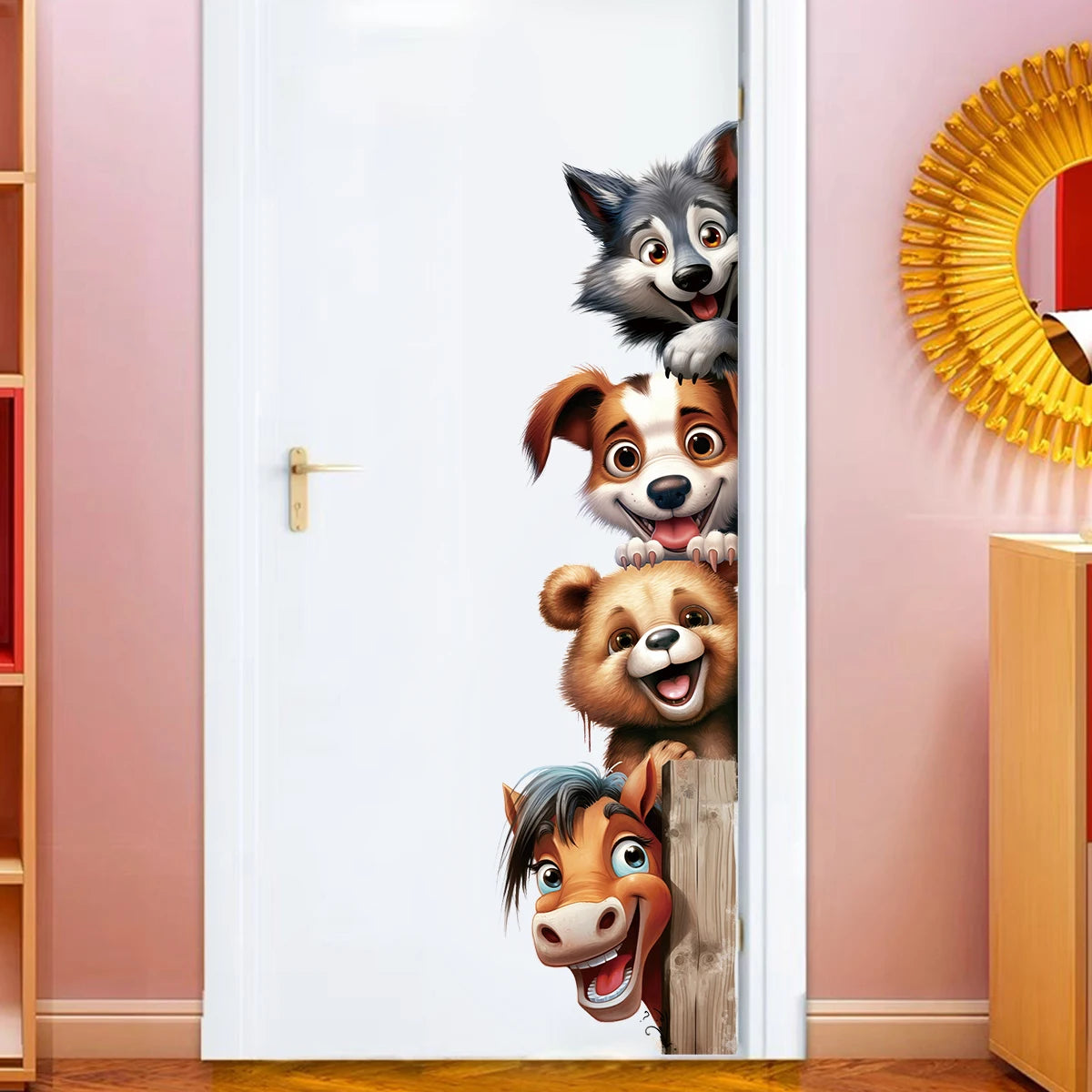 Funny Animal Wall Stickers With Horse Bear Dog And Wolf, Removable Self-Adhesive Animal Door Decals For Bedroom Hallway Decor-HomeDecorDecals_com