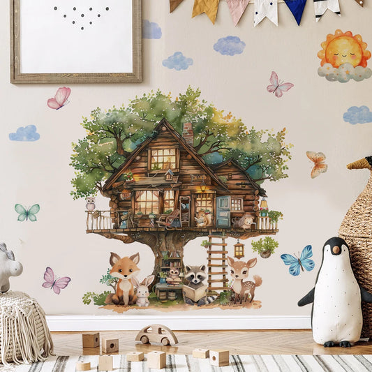 Animals reading in the fairytale tree house Wall Sticker Vinyl Baby Nursery Art Decals for Kids Room Home Decor-HomeDecorDecals_com