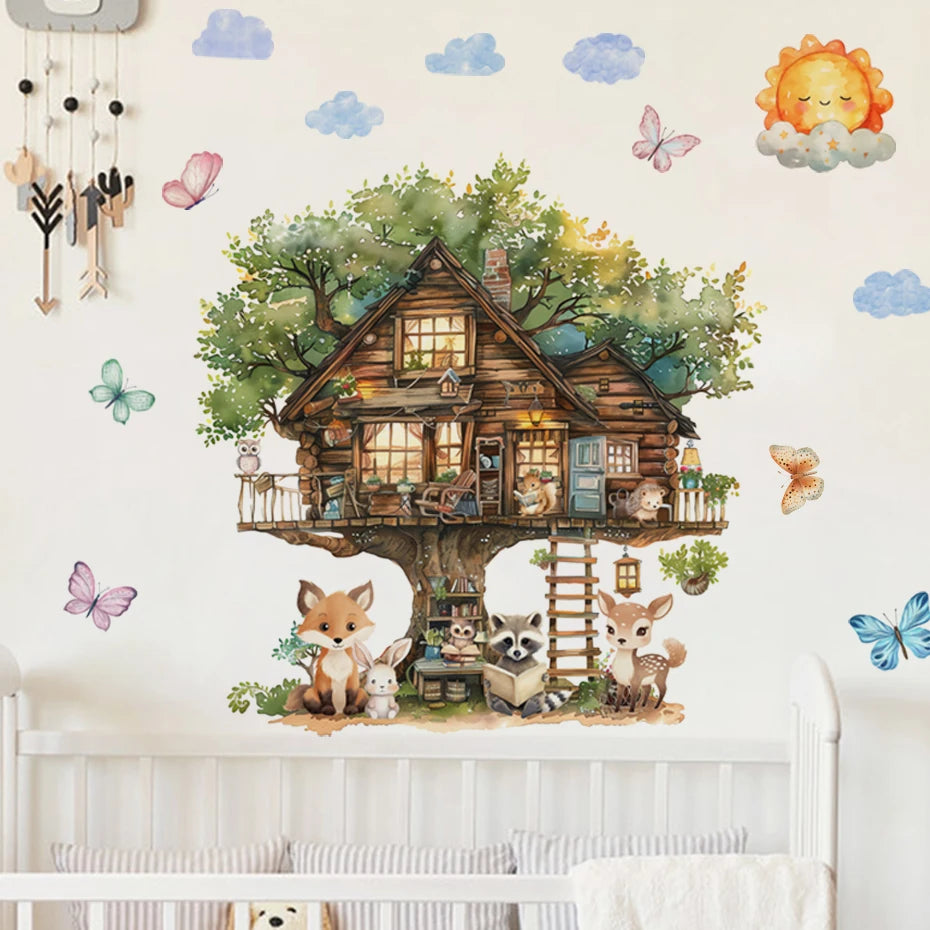 Animals reading in the fairytale tree house Wall Sticker Vinyl Baby Nursery Art Decals for Kids Room Home Decor-HomeDecorDecals_com