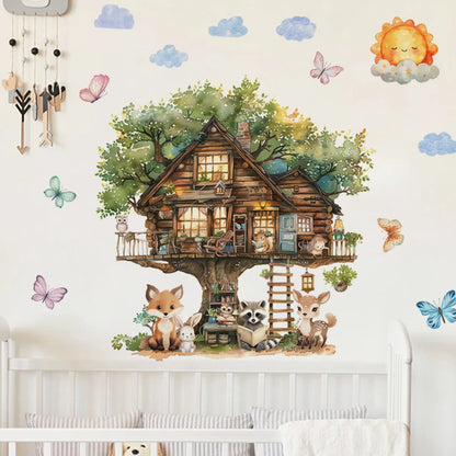 Animals reading in the fairytale tree house Wall Sticker Vinyl Baby Nursery Art Decals for Kids Room Home Decor-HomeDecorDecals_com