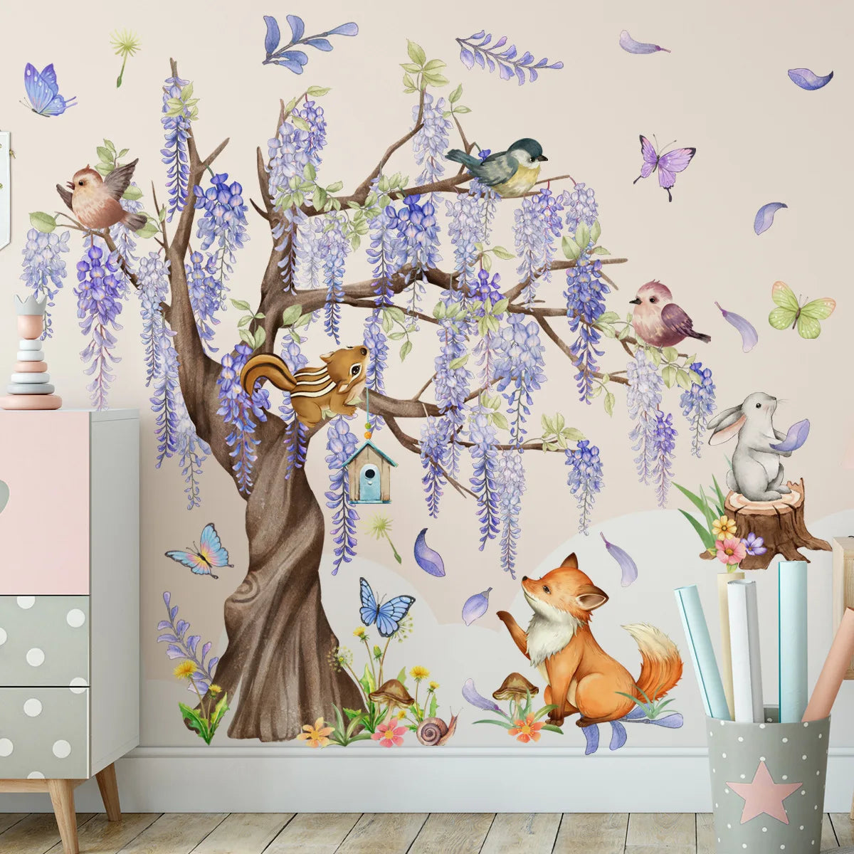 Under the Wisteria Tree Cartoon Animal Wall Stickers Rabbit Fox Butterfly Wall Sticker Children's Room Living Room Home Decals-HomeDecorDecals_com