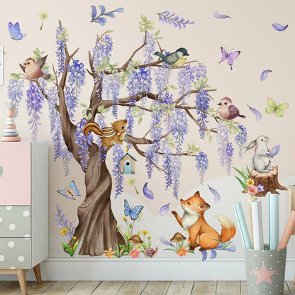 Under the Wisteria Tree Cartoon Animal Wall Stickers Rabbit Fox Butterfly Wall Sticker Children's Room Living Room Home Decals-HomeDecorDecals_com