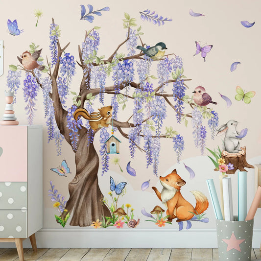 Wisteria Tree Cartoon Animal Wall Decal | Home Decor removable peel and stick wall decal by HomeDecorDecals.