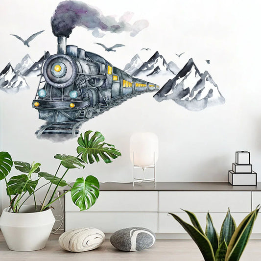 Watercolor realistic mountain train bird seagull sticker creative detachable PVC wall sticker decoration beautifies the room-HomeDecorDecals_com