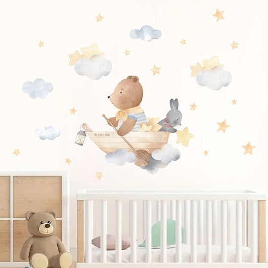 Cloud Star Bear and Rabbit Boating Wall Decal | Kids Room Decor removable peel and stick wall decal by HomeDecorDecals.