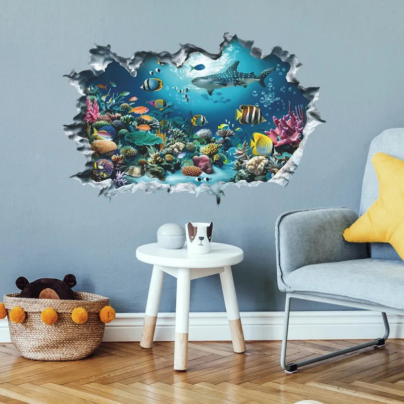 3D Shark Breaking Wall Decal Ocean Underwater World Mural Self-Adhesive Wall Sticker for Bedroom Living Room Home Decoration-HomeDecorDecals_com