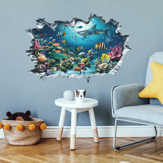 3D Shark Breaking Wall Decal Ocean Underwater World Mural Self-Adhesive Wall Sticker for Bedroom Living Room Home Decoration-HomeDecorDecals_com
