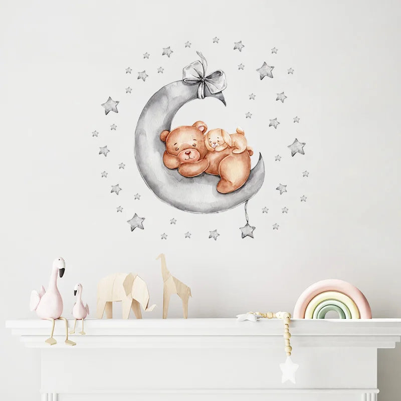 Cartoon Grey Baby Elephant Moon Gold Stars Wall Stickers for Kids Room Decor Nurserry Wall Decals Girl Boy Room Decorative-HomeDecorDecals_com
