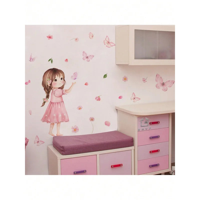 1pcs Charming Cartoon Little Girl With Butterfly Wall Decals Removable Self-Adhesive Kids Room Decor For Girls Bedroom-HomeDecorDecals_com