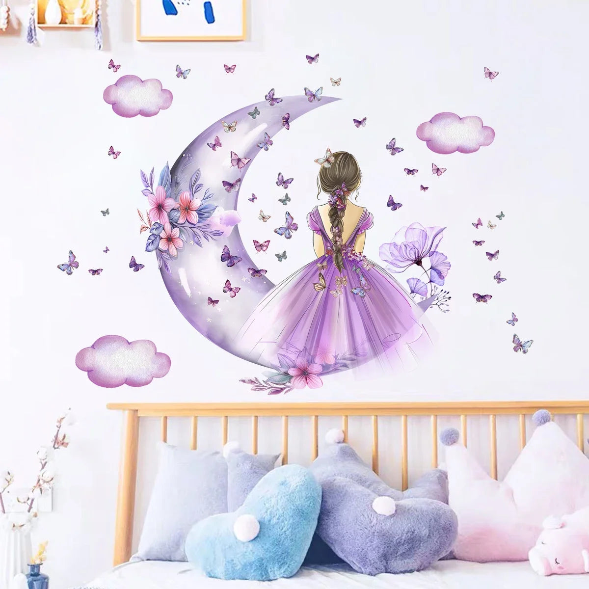 Girl Moon And Butterflies Wall Sticker for Kids Room-HomeDecorDecals_com