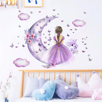 Girl Moon And Butterflies Wall Sticker for Kids Room-HomeDecorDecals_com