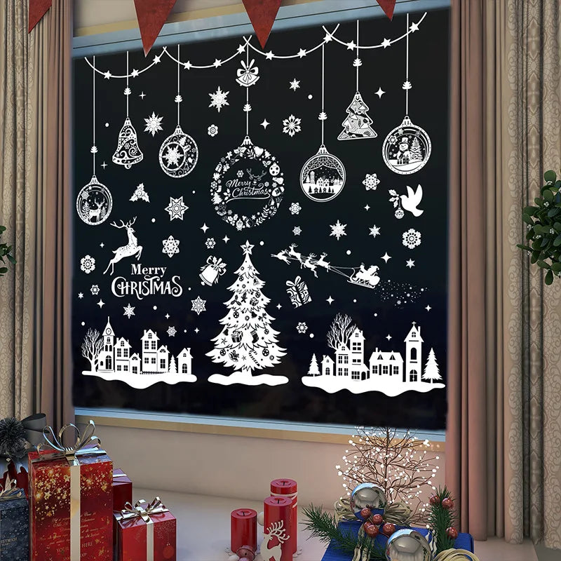 9pcs Snowflake Christmas Window Stickers Reindeer New Year Decal Wall Sticker White Christmas Electrostatic Stickers Decorations-HomeDecorDecals_com