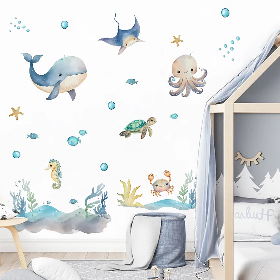 Watercolour Cartoon Cute Marine Animals Wall Decal | Home Decor home decor design by HomeDecorDecals.