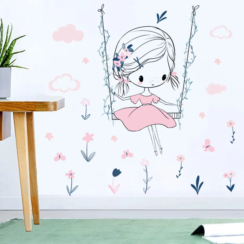 Cartoon girl dandelion Wall Stickers Creative Home Wall Decor Self-adhesive Kids Room Decoration Bedroom Background Wall Decor-HomeDecorDecals_com
