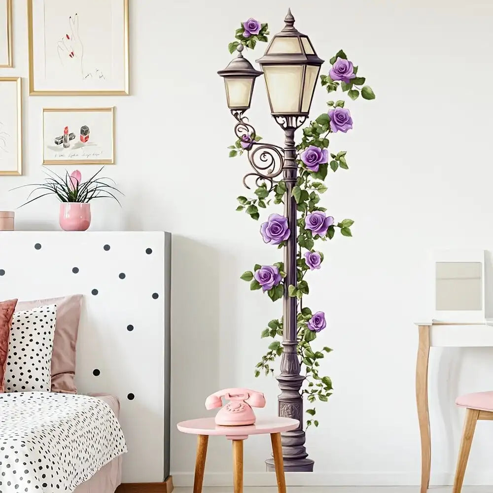Modern Street Light Flower Vines Wall Stickers Bedroom Living Room Floral Pattern Lamps Wall Decals Playroom Home Decor-HomeDecorDecals_com