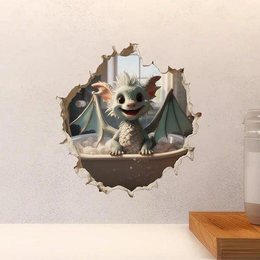 Dragon Parent and Child Reading in Wall Hole Decal | Home Decor removable peel and stick wall decal by HomeDecorDecals.