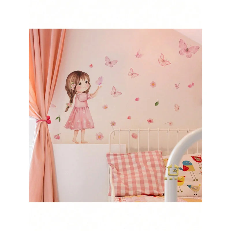 1pcs Charming Cartoon Little Girl With Butterfly Wall Decals Removable Self-Adhesive Kids Room Decor For Girls Bedroom-HomeDecorDecals_com
