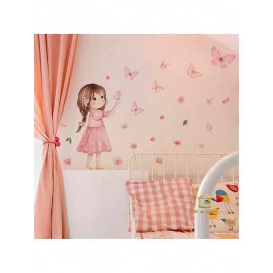 Cartoon Little Girl with Butterfly Wall Decal | Kids Room Decor removable peel and stick wall decal by HomeDecorDecals.