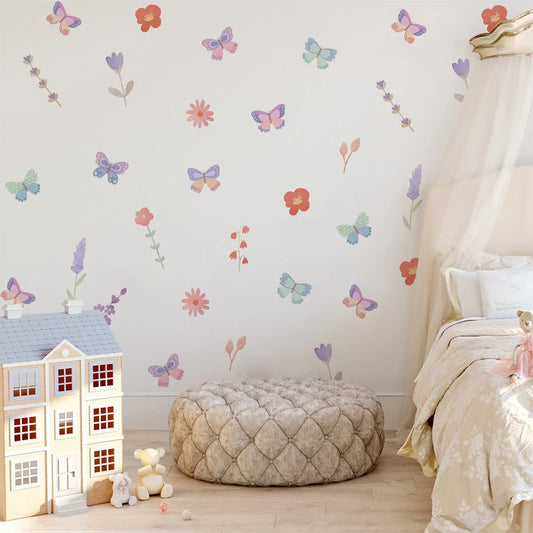 Boho Pink Butterfly and Birds Wall Decal | Kids Room Decor removable peel and stick wall decal by HomeDecorDecals.