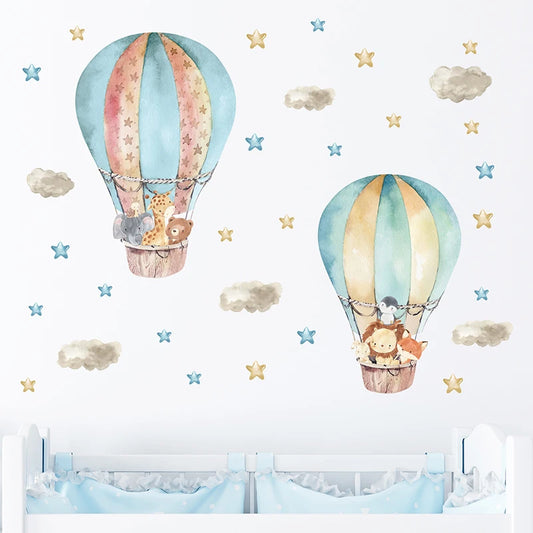 Watercolor Green Hot Air Balloons Cartoon Animals Wall Stickers for Kids Room Baby Nursery Room Wall Decals Bedroom Murals Decor-HomeDecorDecals_com