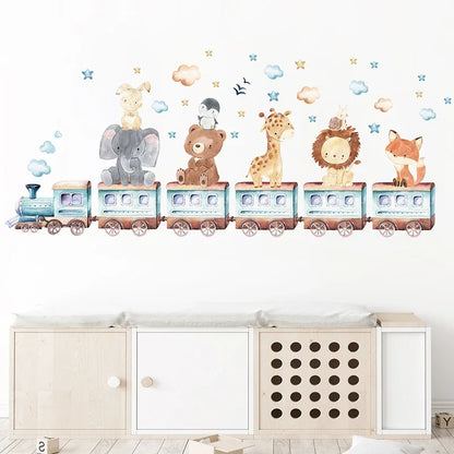 Watercolor Cartoon Animals on the Train Bear Elephant Giraffe Wall Stickers for Kids Room Baby Nursery Room Bedroom Wall Decals-HomeDecorDecals_com