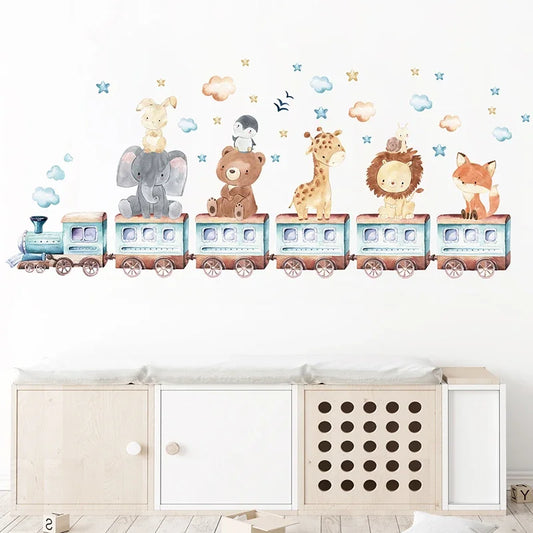 Cartoon Animals on the Train Wall Decal | Kids Room Decor removable peel and stick wall decal by HomeDecorDecals.