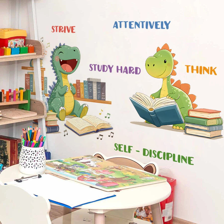 Educational Dinosaur Wall Stickers STRIVE STUDY HARD ATTENTIVELY THINK Learning Decor For Classroom Living Room Playroom-HomeDecorDecals_com