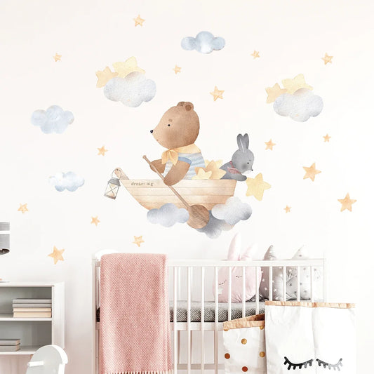 1Pc Cloud Star Bear Rabbit Boating Wall Sticker for Children Room Decoration Kids Room Wall Decals Bedroom Decor for Living Room-HomeDecorDecals_com
