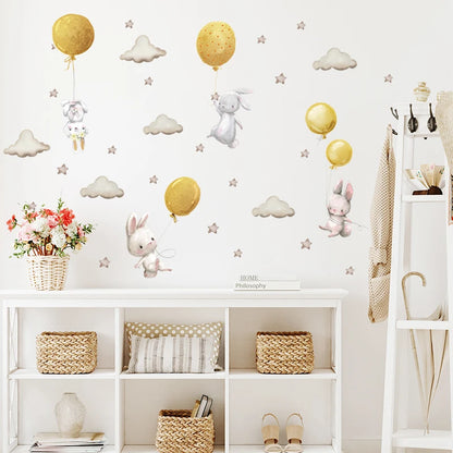 Bunny Baby Nursery Wall Stickers Cartoon Rabbit Swing on the Stars Wall Decals for Kids Room PVC Removable Stickers PVC DIY-HomeDecorDecals_com