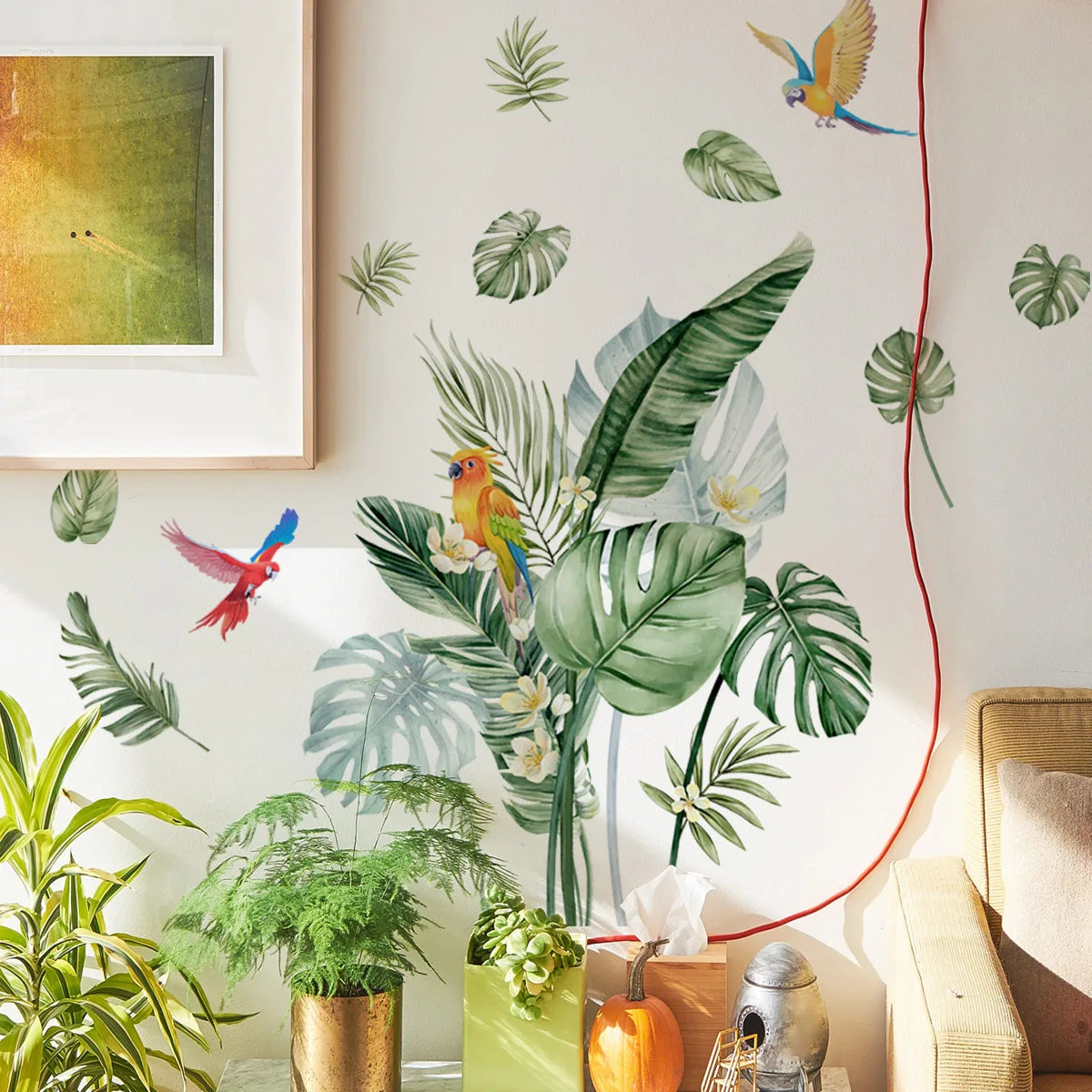 Tropical Leaves and Bird Wall Decal | Home Decor displayed in room decor by HomeDecorDecals.