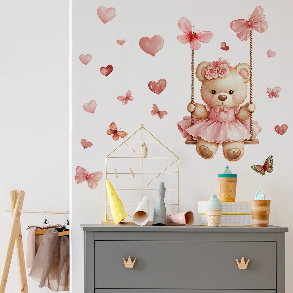 Cartoon Bear Swing Butterfly Wall Stickers Child Room Background Decoration Mural Kids Bedroom Home Decor Self-adhesive Decals-HomeDecorDecals_com