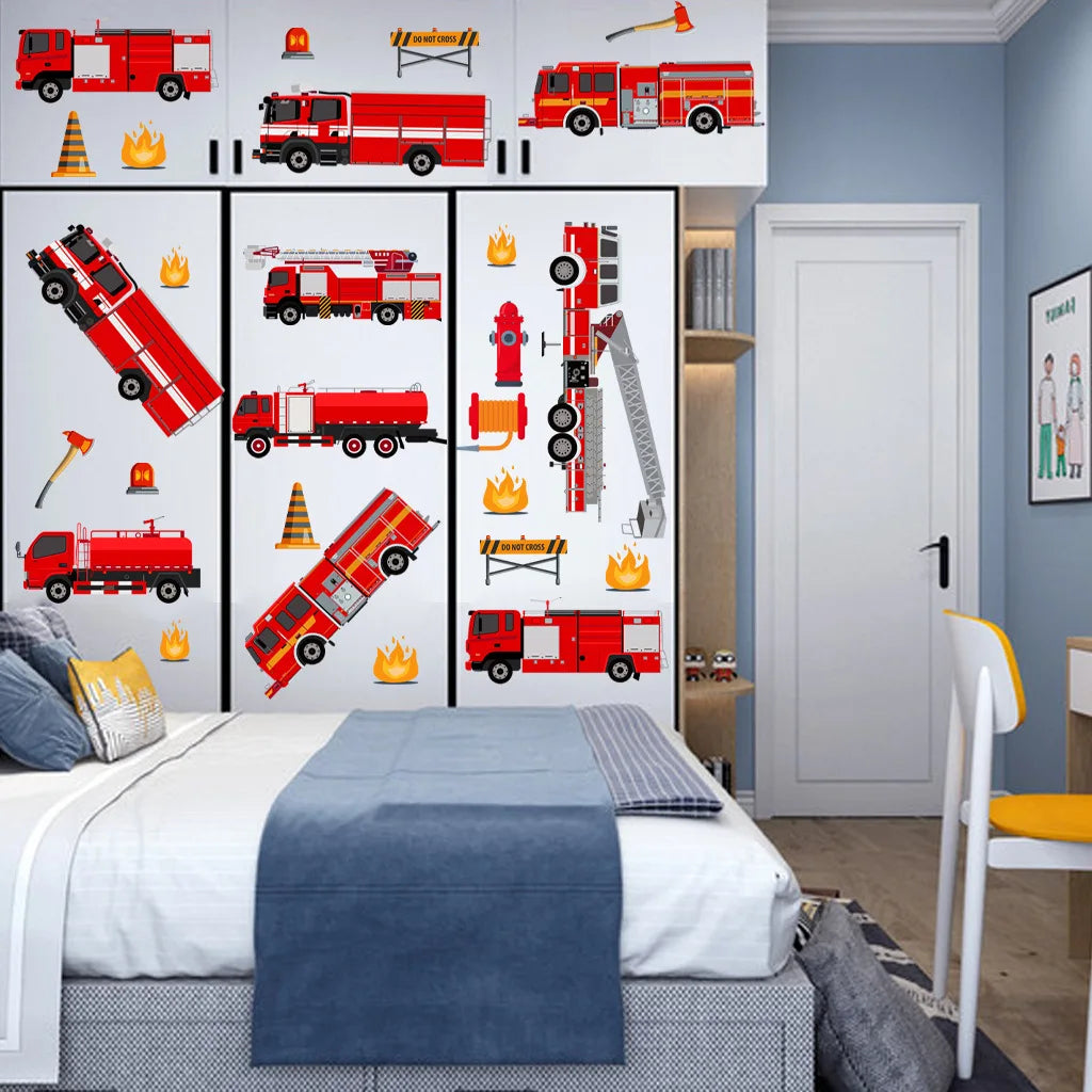 Cartoon Fire Truck Wall Decor Decals Kids Room Playroom Bedroom Firetruck Poster Mural Wall Stickers Kids Room Nursery Decor-HomeDecorDecals_com