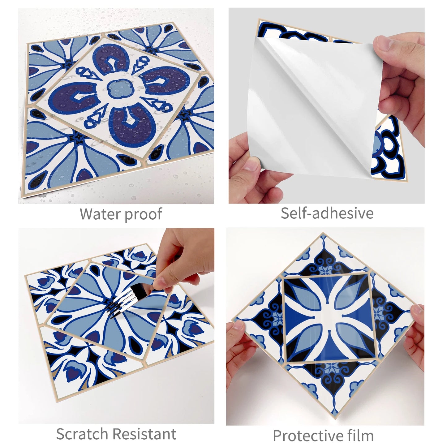 Blue Retro Pattern Self-Adhesive PVC Tile Stickers | Home Decor displayed in room decor by HomeDecorDecals.