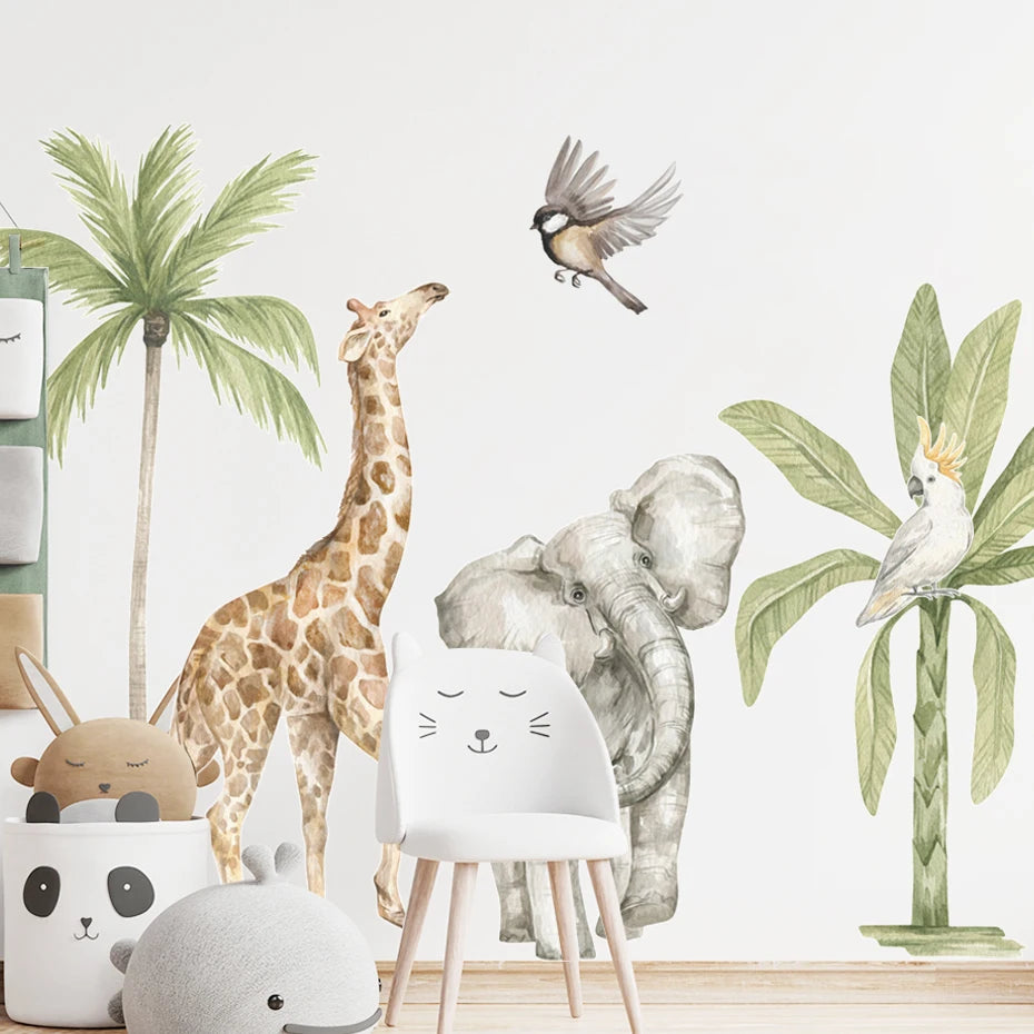 Large Animals Tropical Watercolour Wall Decal | Room Decor displayed in room decor by HomeDecorDecals.