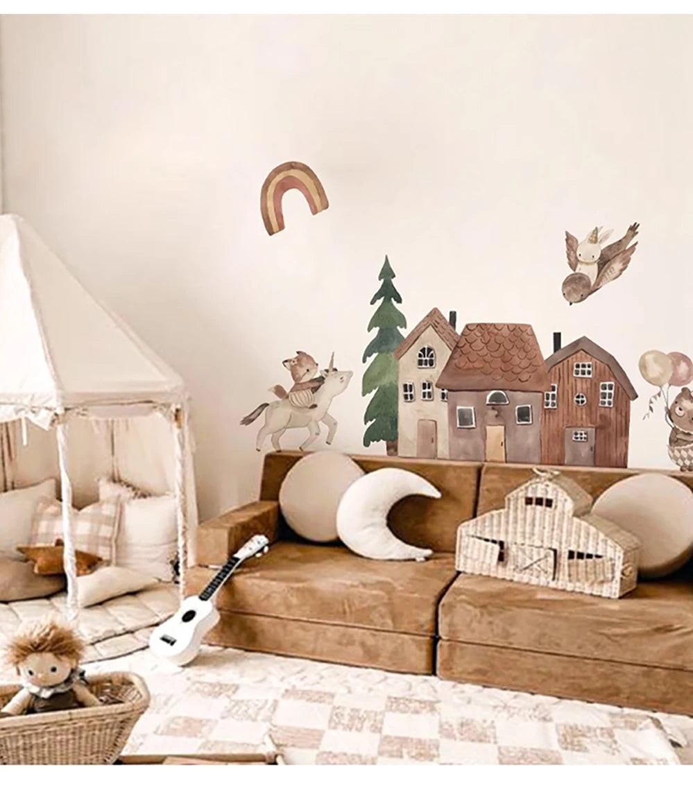 Small Town Wall Decals Animals Vinyl Nordic Style Wall Stickers Peel and Stick for Nursery Bedroom Kid Room Home Art Decor-HomeDecorDecals_com